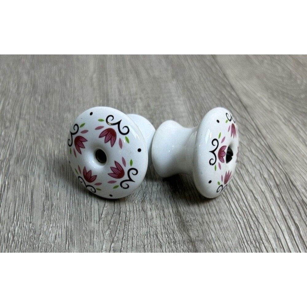 Vintage Porcelain Cabinet Drawer Knobs Pulls Pink Flowers Renovator Supply Pair